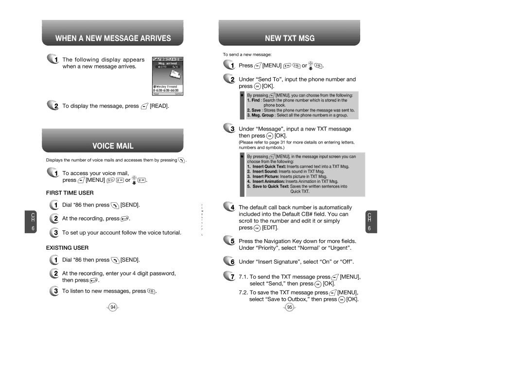 Audiovox CDM 8615 manual When a NEW Message Arrives, Voice Mail, New Txt Msg, First Time User, Existing User 