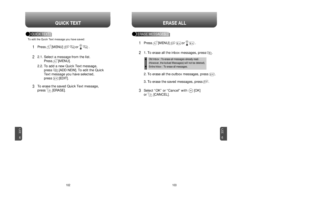 Audiovox CDM 8615 manual Quick Text, Erase ALL, Press Menu or To erase all the inbox messages, press, Erase Messages 