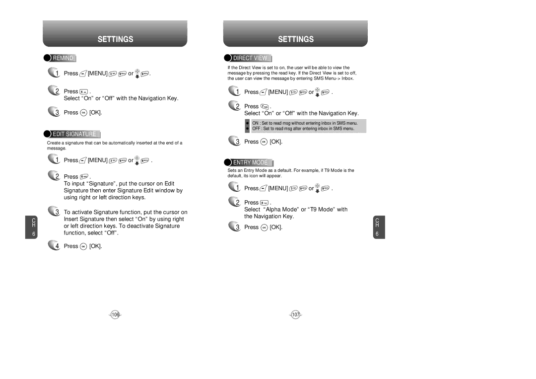 Audiovox CDM 8615 Press Menu or Select On or Off with the Navigation Key, Remind, Edit Signature, Direct View, Entry Mode 