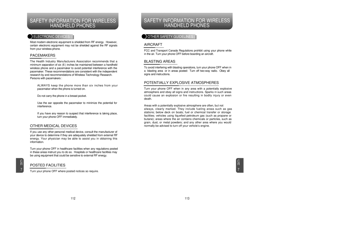 Audiovox CDM 8615 manual Pacemakers, Other Medical Devices, Posted Facilities, Aircraft, Blasting Areas 