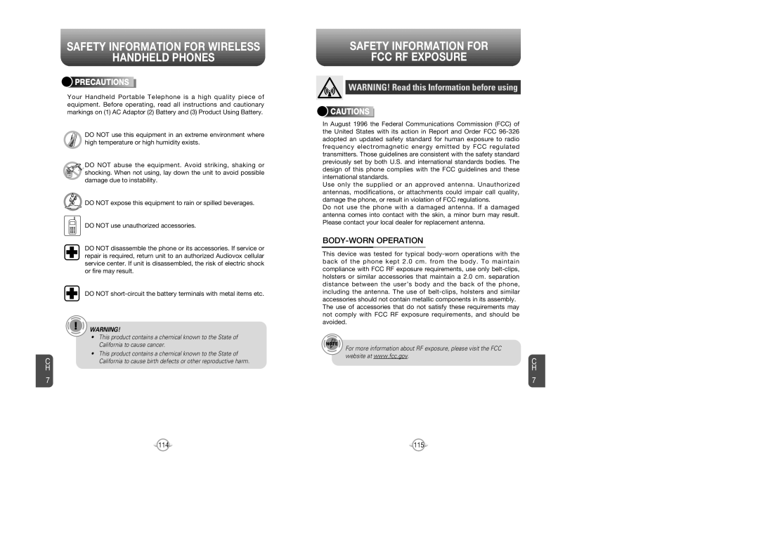 Audiovox CDM 8615 manual Safety Information for FCC RF Exposure, BODY-WORN Operation, Precautions 