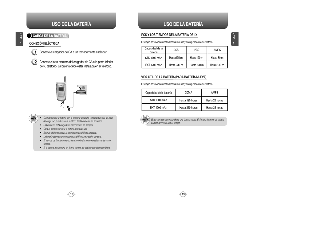 Audiovox CDM 8615 manual Carga DE LA Batería, Conexión Eléctrica, Conecte el cargador de CA a un tomacorriente estándar 