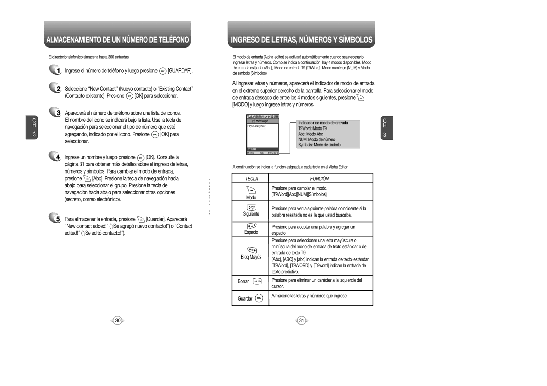 Audiovox CDM 8615 manual Almacenamiento DE UN Número DE Teléfono, Números y símbolos. Para cambiar el modo de entrada 