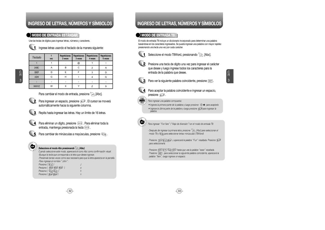 Audiovox CDM 8615 Modo DE Entrada Estándar, Ingrese letras usando el teclado de la manera siguiente, Modo DE Entrada T9 