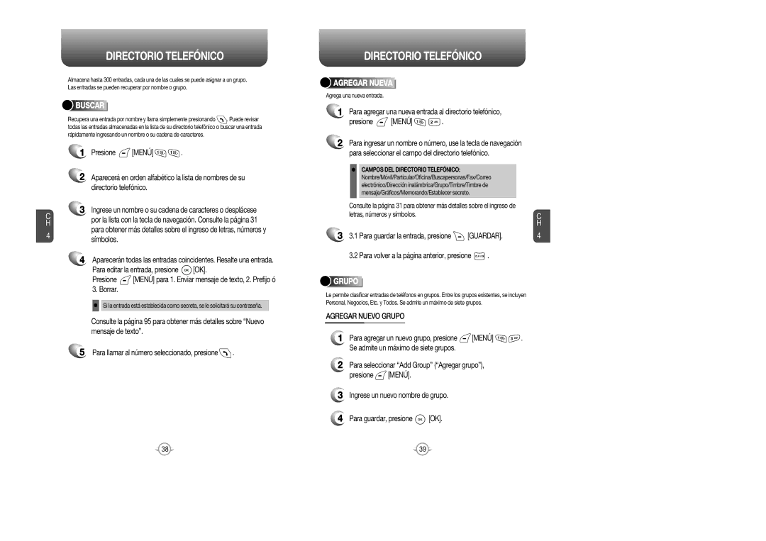 Audiovox CDM 8615 manual Directorio Telefónico, Buscar, Agregar Nueva, Agregar Nuevo Grupo 