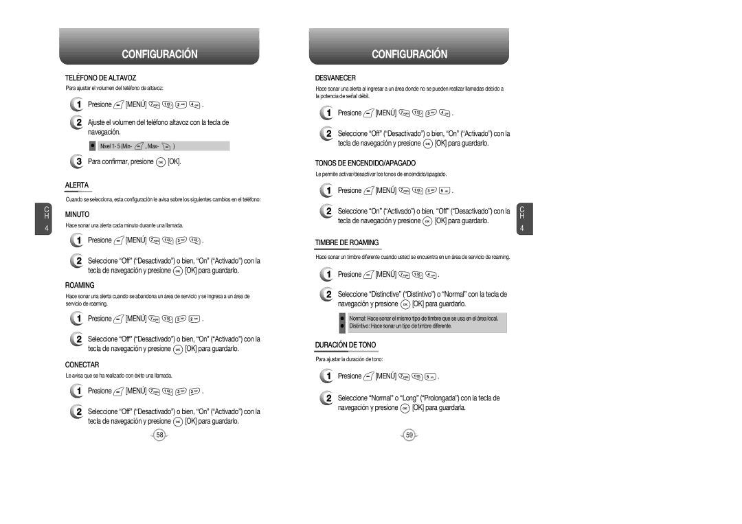 Audiovox CDM 8615 manual Teléfono DE Altavoz, Alerta, Minuto, Roaming, Conectar, Desvanecer, Tonos DE ENCENDIDO/APAGADO 