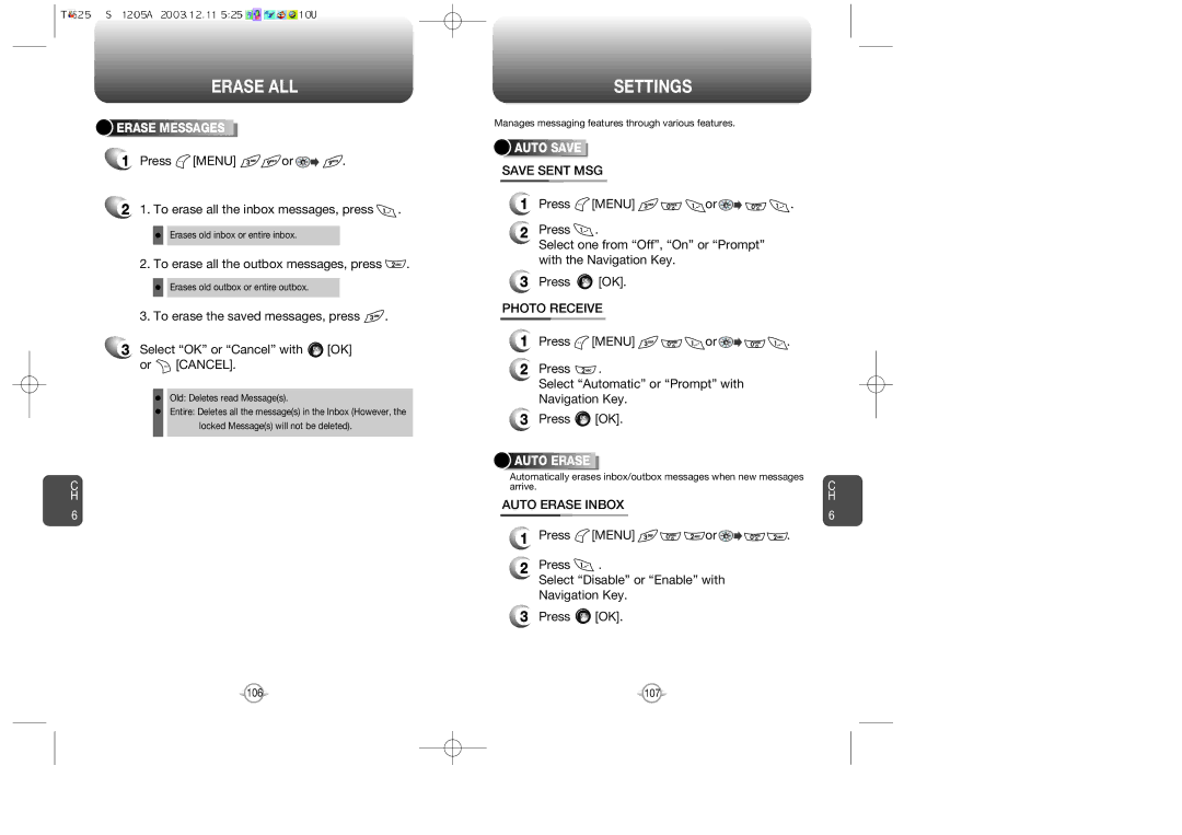Audiovox CDM 8900, CDM-8900 owner manual Erase ALL, Save Sent MSG, Photo Receive, Auto Erase Inbox 