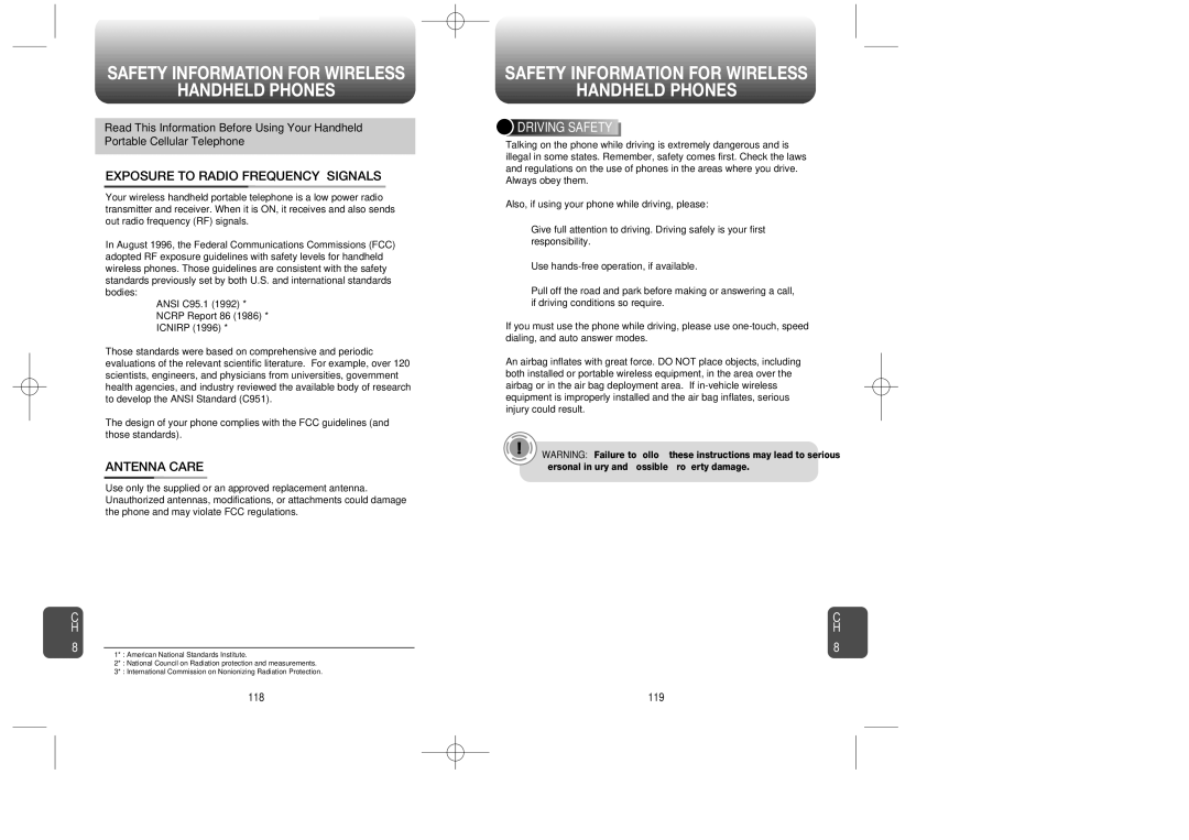 Audiovox CDM 8900 Safety Information for Wireless Handheld Phones, Exposure to Radio Frequency Signals, Antenna Care 