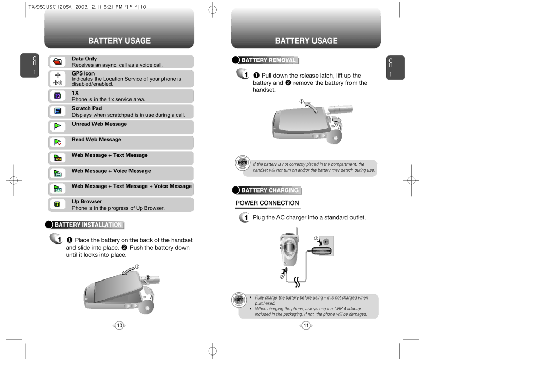 Audiovox CDM 8900, CDM-8900 Battery Usage, Power Connection, Plug the AC charger into a standard outlet, Battery Charging 