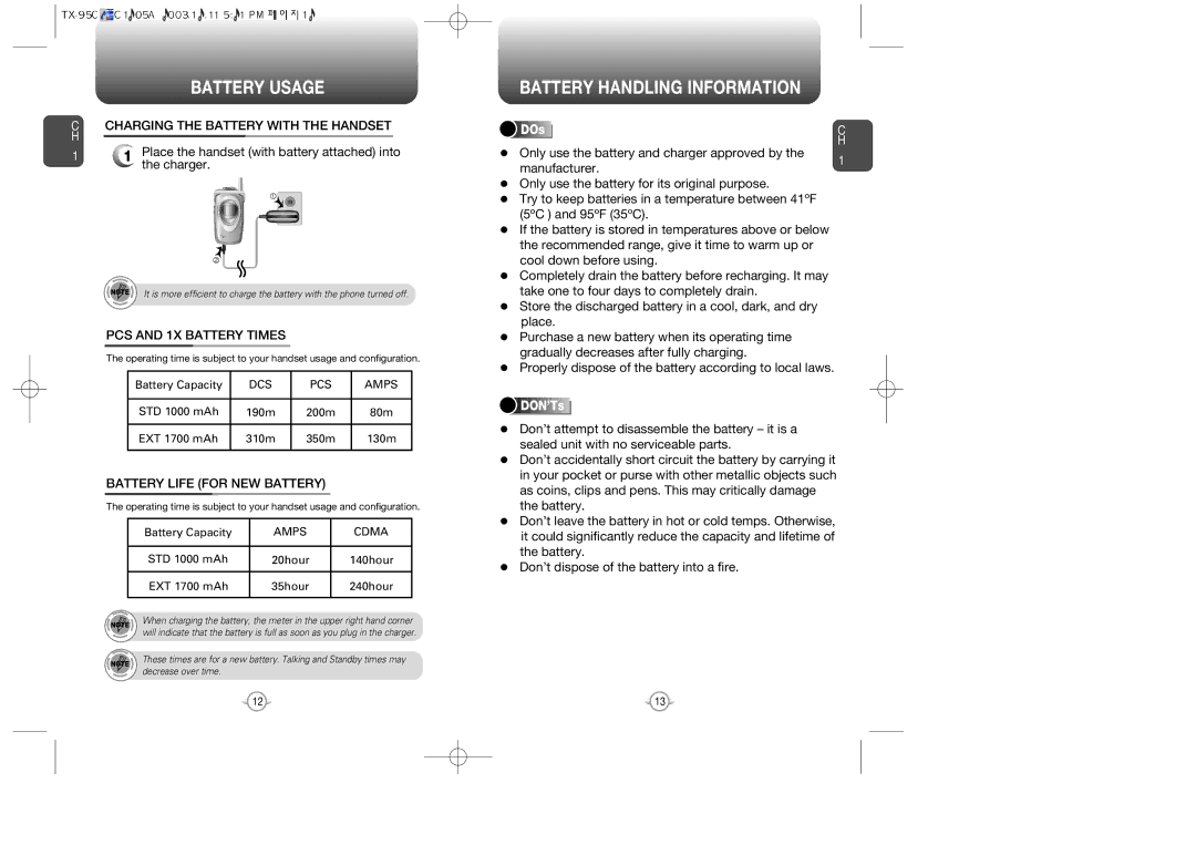 Audiovox CDM-8900, CDM 8900 Battery Handling Information, Charging the Battery with the Handset, PCS and 1X Battery Times 