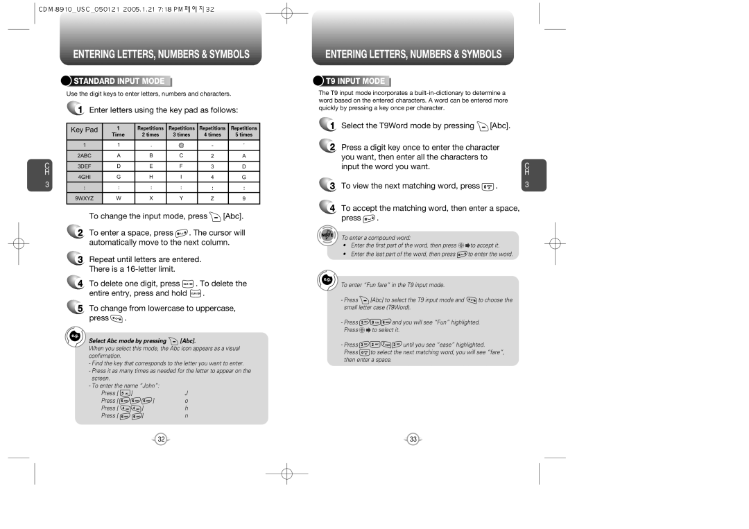 Audiovox CDM-8910US warranty Enter letters using the key pad as follows, Standard Input Mode, T9 Input Mode 