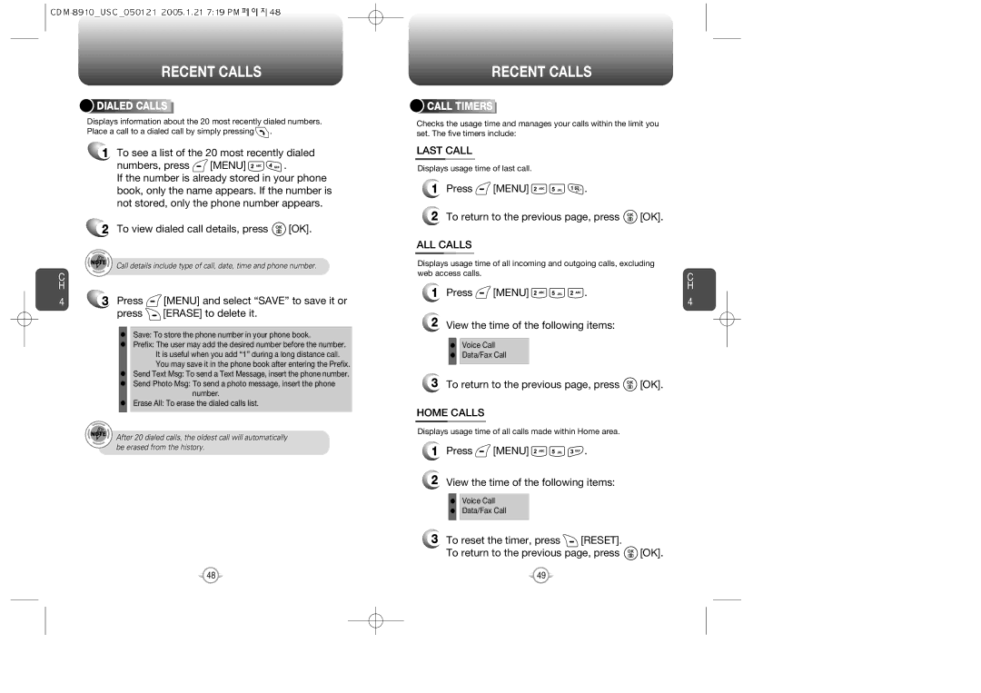 Audiovox CDM-8910US warranty Last Call, Press Menu To return to the previous page, press OK, ALL Calls, Home Calls 