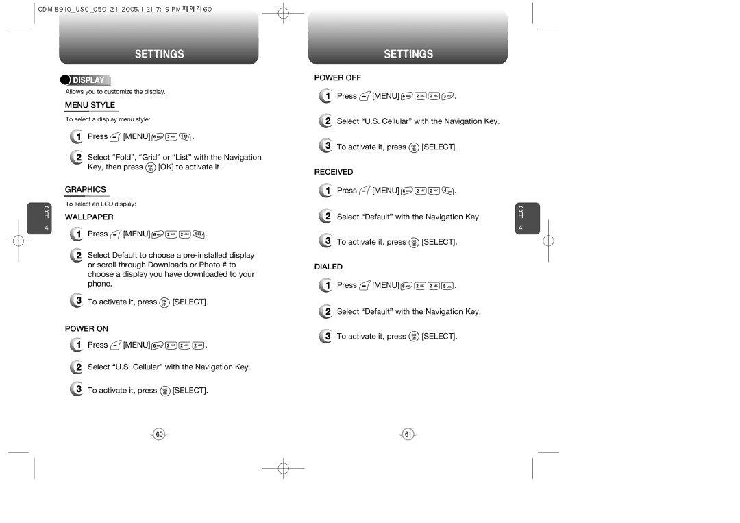 Audiovox CDM-8910US warranty Menu Style, Wallpaper, Power on, Power OFF, Received, Dialed 