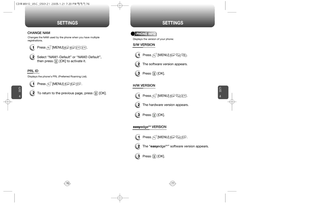 Audiovox CDM-8910US warranty Change NAM, Prl Id, Version, Press Menu Software version appears Press OK 