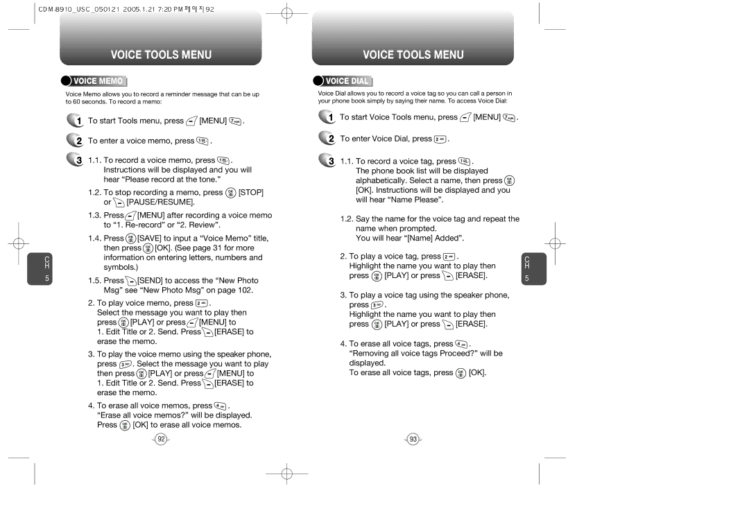 Audiovox CDM-8910US warranty Voice Tools Menu, Press OK to erase all voice memos, Erase, Voice Memo, Voice Dial 