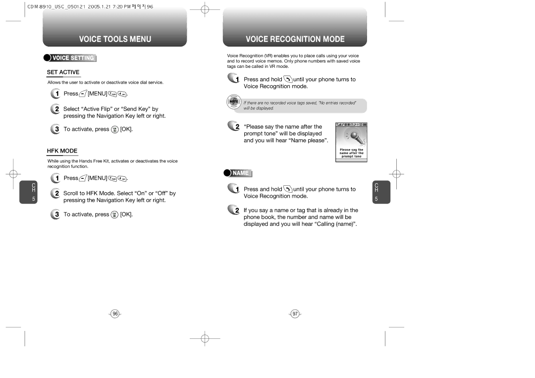 Audiovox CDM-8910US warranty Voice Recognition Mode, SET Active, HFK Mode, Voice Setting, Name 