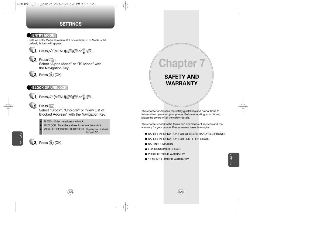 Audiovox CDM-8910US warranty Entry Mode, Block or Unblock 