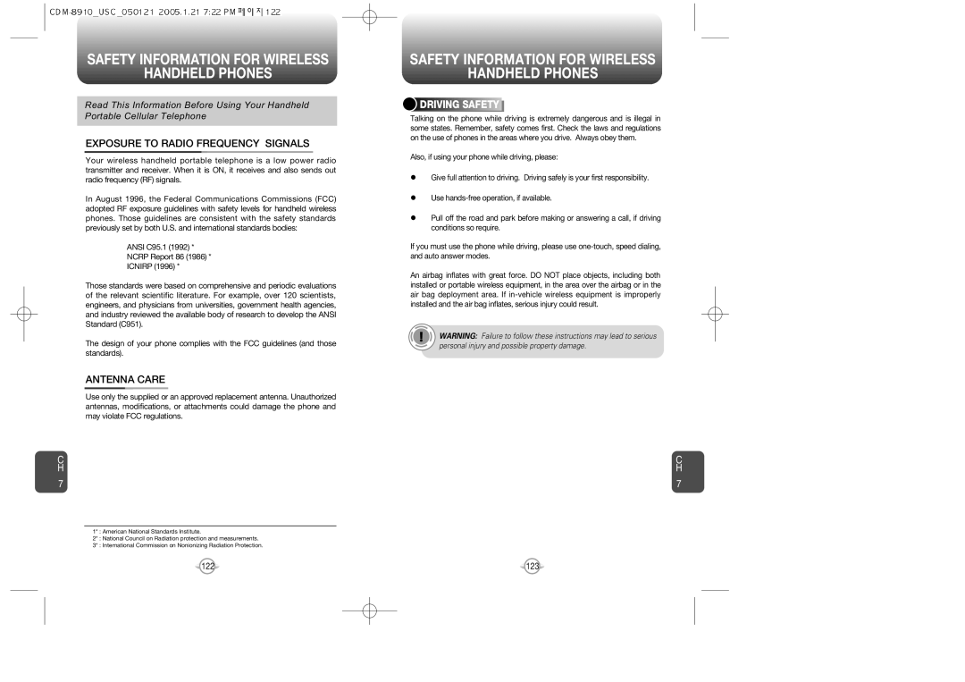 Audiovox CDM-8910 Safety Information for Wireless Handheld Phones, Exposure to Radio Frequency Signals, Antenna Care 