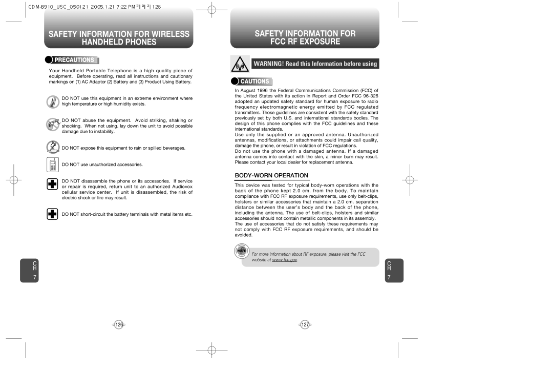 Audiovox CDM-8910US warranty Safety Information for FCC RF Exposure, BODY-WORN Operation, Precautions 