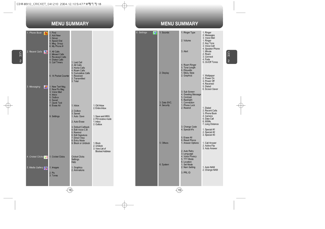 Audiovox CDM-89100C manual Menu Summary, Settings 