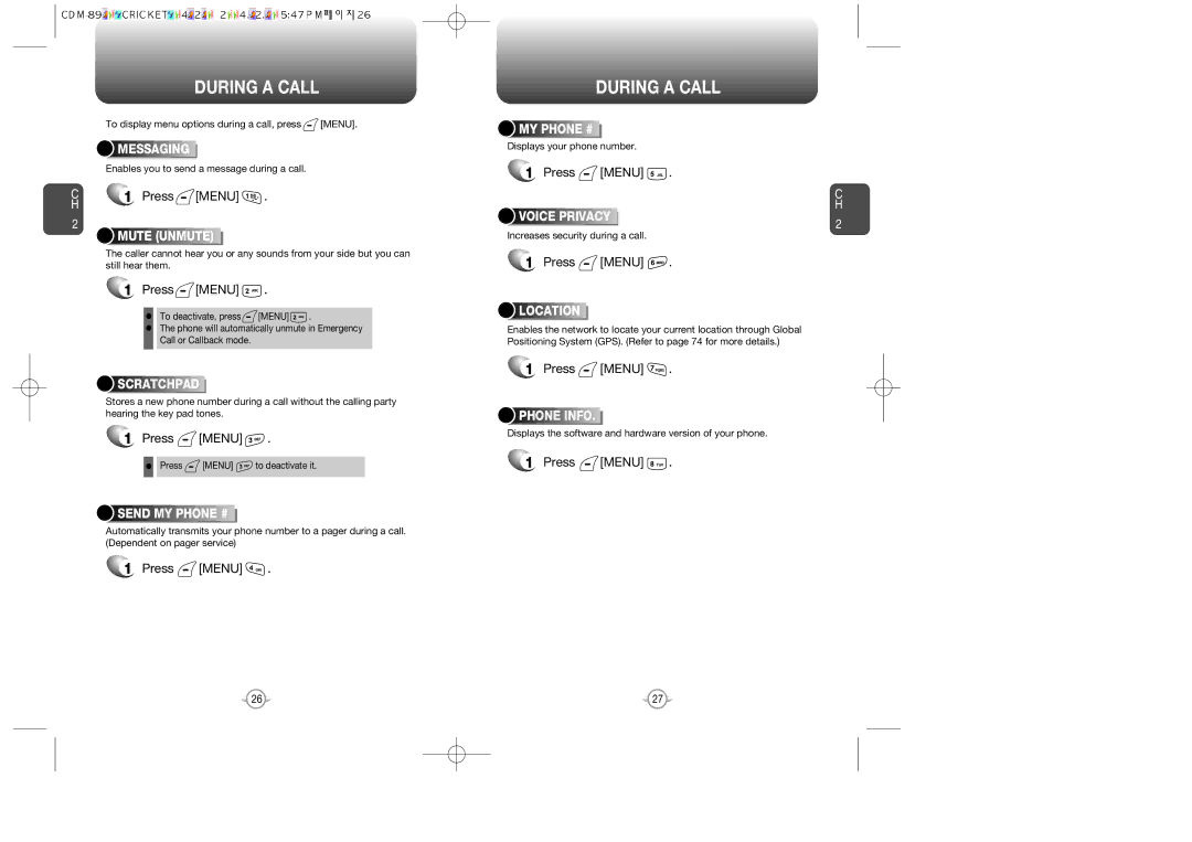 Audiovox CDM-89100C manual During a Call, Press Menu 