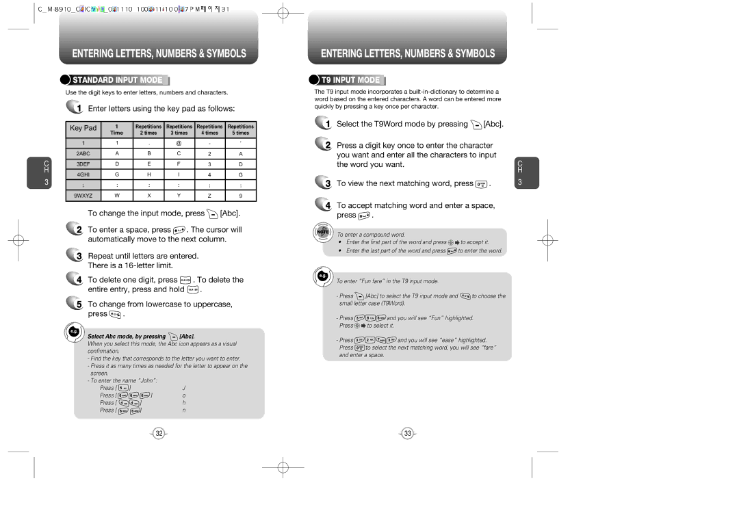 Audiovox CDM-89100C manual Enter letters using the key pad as follows, Standard Input Mode, T9 Input Mode 