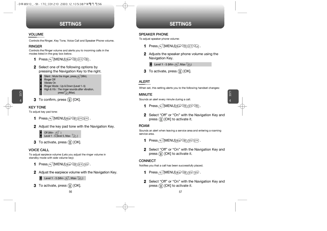 Audiovox CDM-89100C manual Volume, KEY Tone, Voice Call, Speaker Phone, Alert, Minute, Roam, Connect 