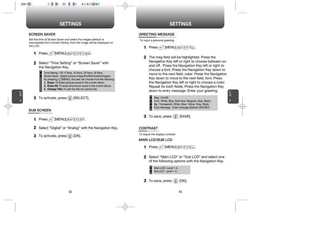 Audiovox CDM-89100C manual Screen Saver, SUB Screen, Greeting Message, Contrast, Main LCD/SUB LCD 