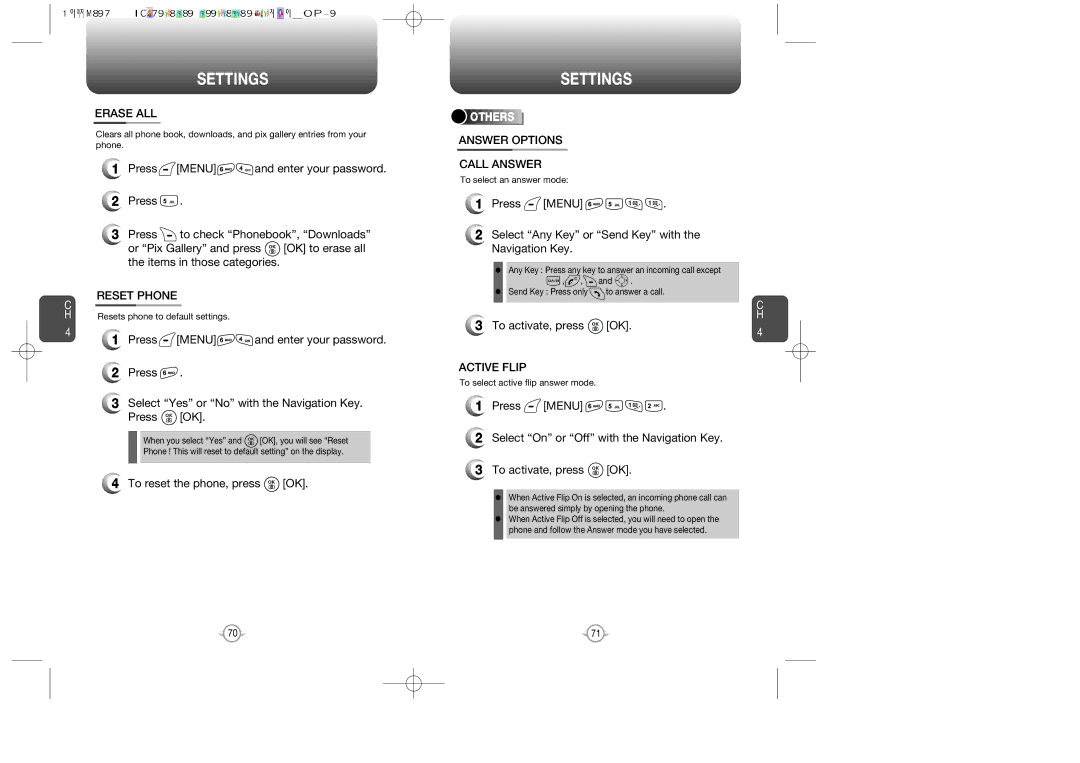 Audiovox CDM-89100C manual Erase ALL, Reset Phone, To reset the phone, press OK, Answer Options Call Answer, Active Flip 