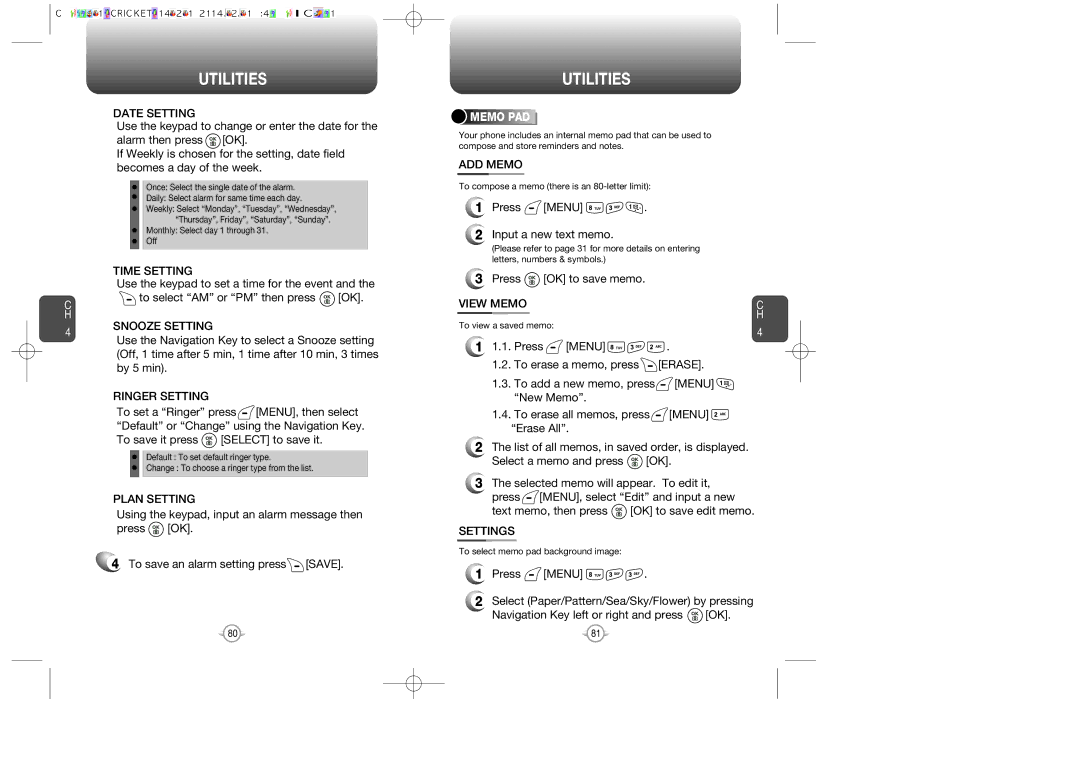 Audiovox CDM-89100C manual Snooze Setting, ADD Memo, Press Menu Input a new text memo, Press OK to save memo, Settings 