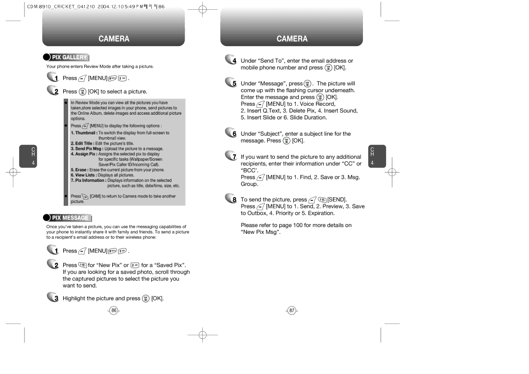 Audiovox CDM-89100C manual Press Menu Press OK to select a picture, PIX Gallery, PIX Message 