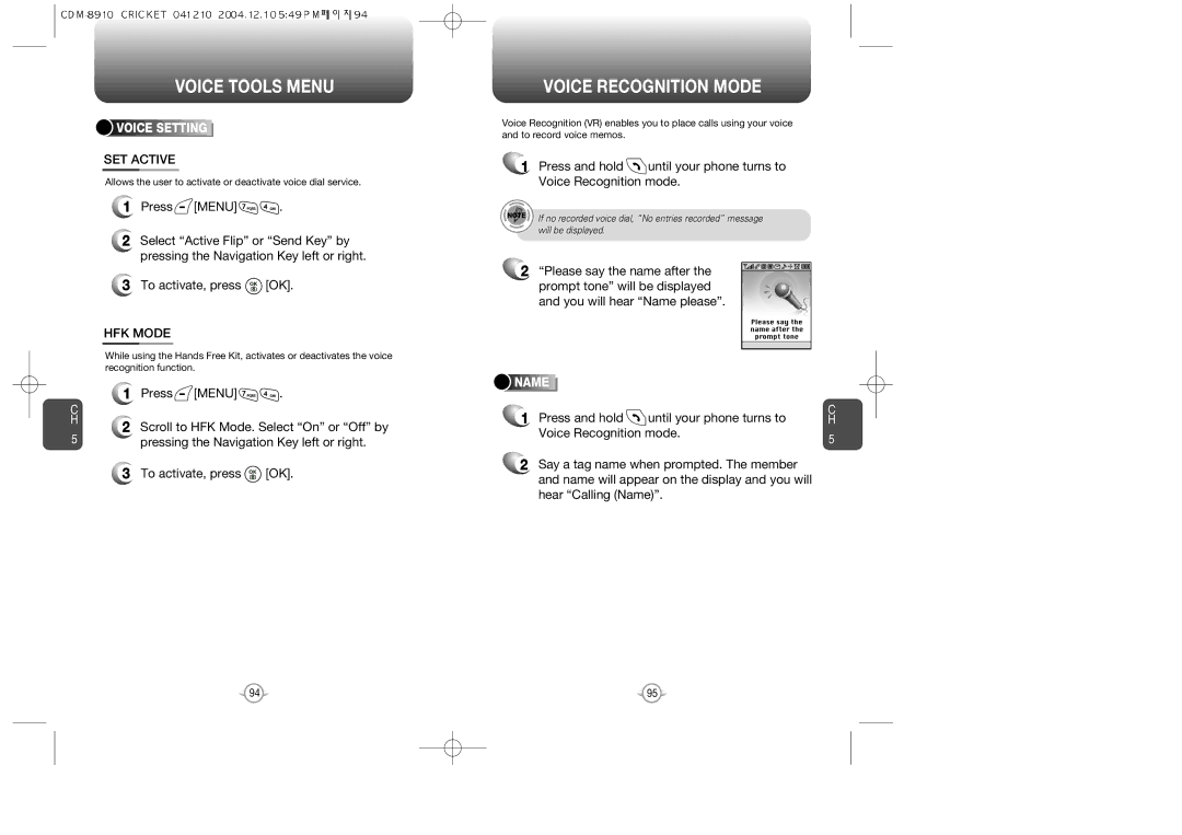 Audiovox CDM-89100C manual Voice Recognition Mode, SET Active, HFK Mode, Voice Setting, Name 