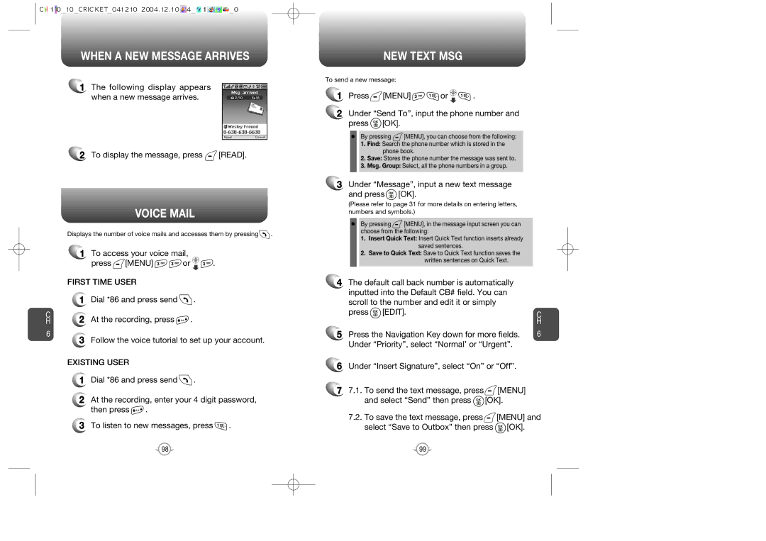 Audiovox CDM-89100C manual When a NEW Message Arrives, Voice Mail, NEW Text MSG, First Time User, Existing User 