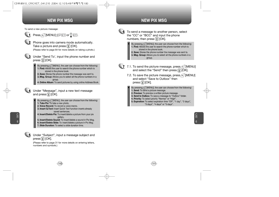 Audiovox CDM-89100C manual New Pix Msg, Under Send To’, input the phone number and press OK 