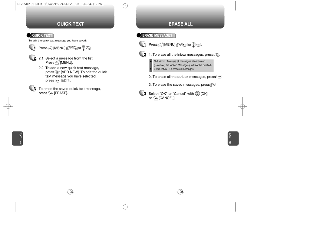 Audiovox CDM-89100C manual Quick Text, Erase ALL, Press Menu or To erase all the inbox messages, press, Erase Messages 