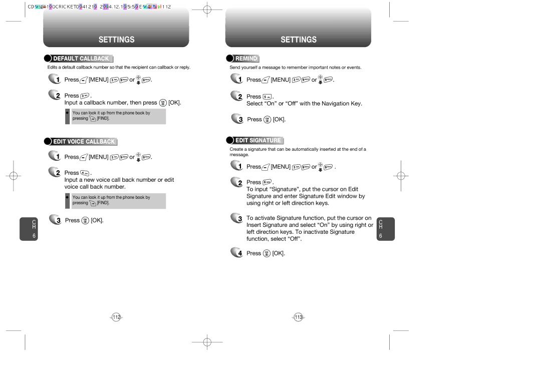 Audiovox CDM-89100C Press Menu or Input a callback number, then press OK, Default Callback, Edit Voice Callback, Remind 