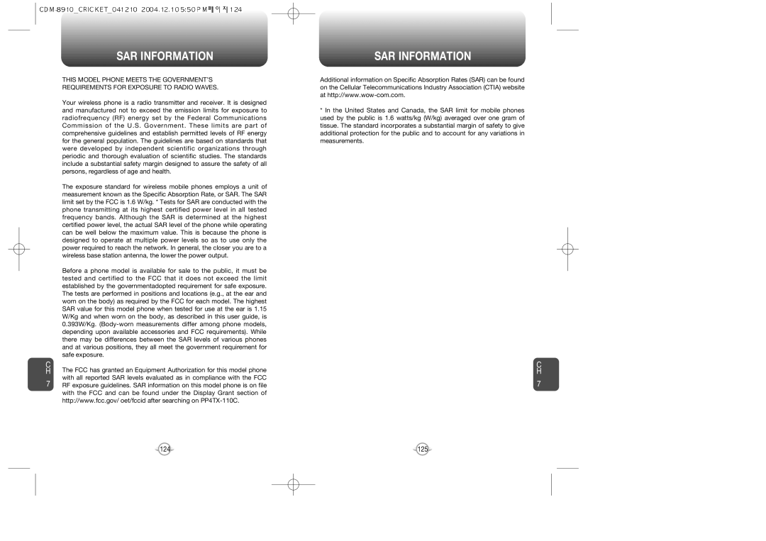 Audiovox CDM-89100C manual SAR Information 