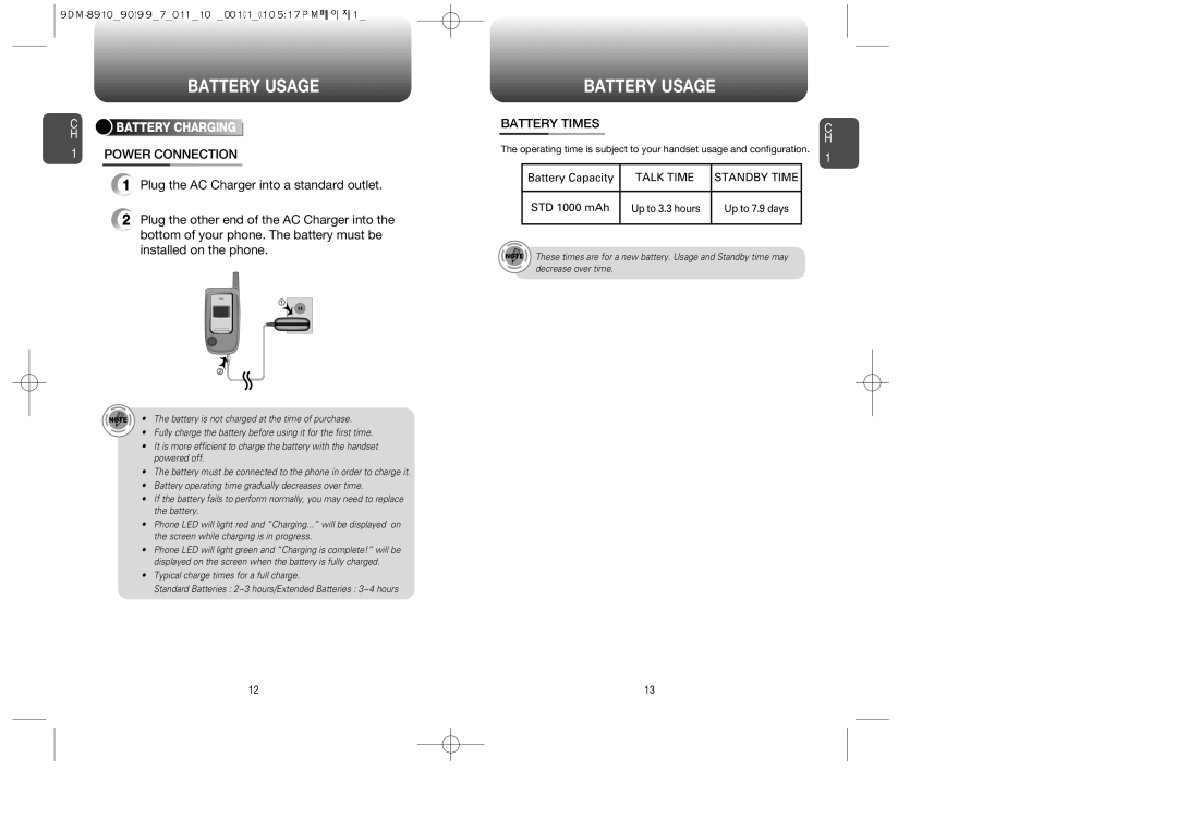 Audiovox CDM-89100C manual Power Connection, Battery Times 