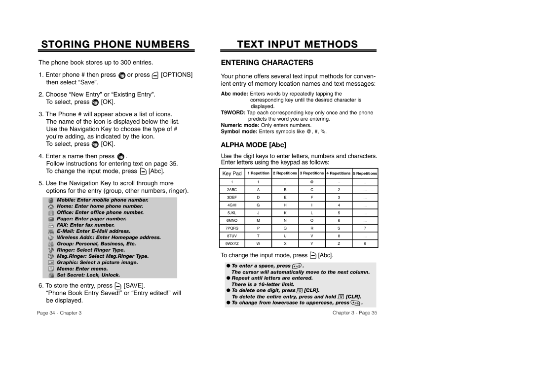 Audiovox CDM-8930 manual Storing Phone Numbers, Entering Characters, To change the input mode, press Abc 