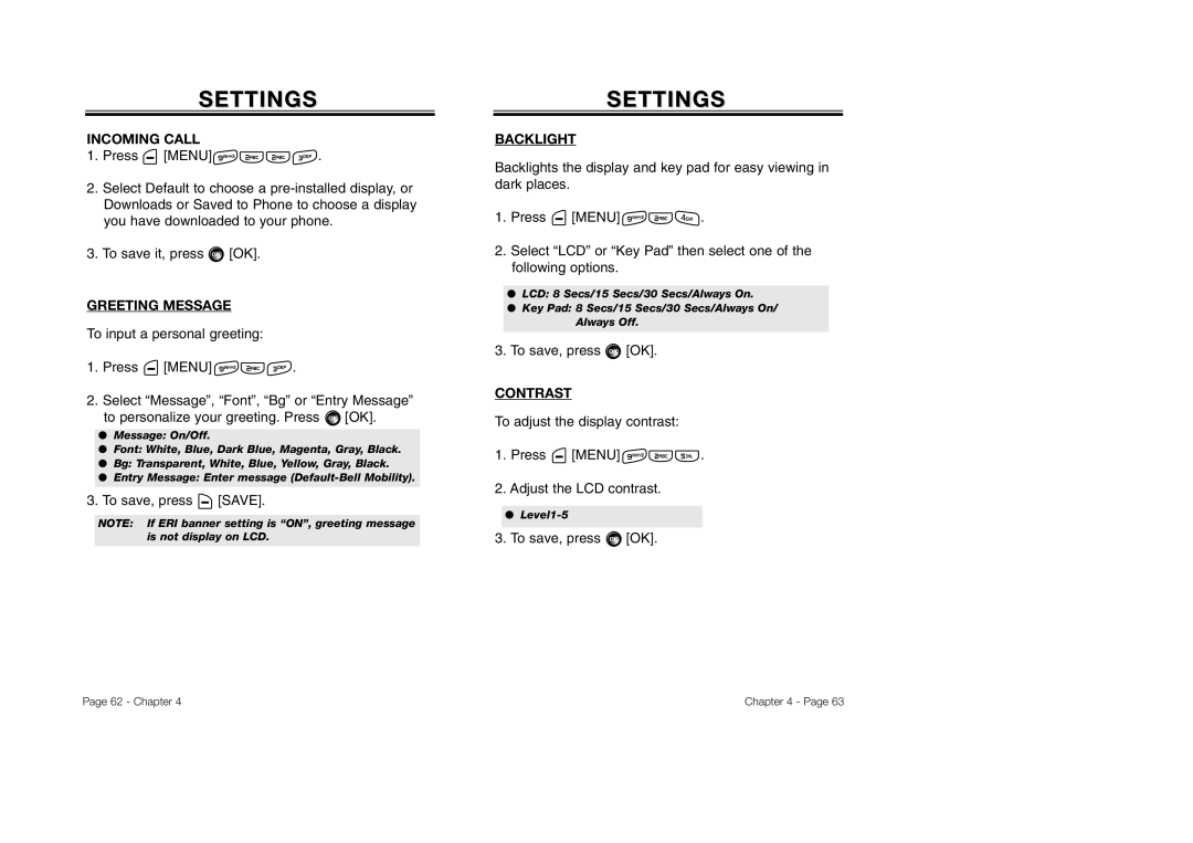 Audiovox CDM-8930 manual Incoming Call, Greeting Message, To save, press Save, Backlight, Contrast 