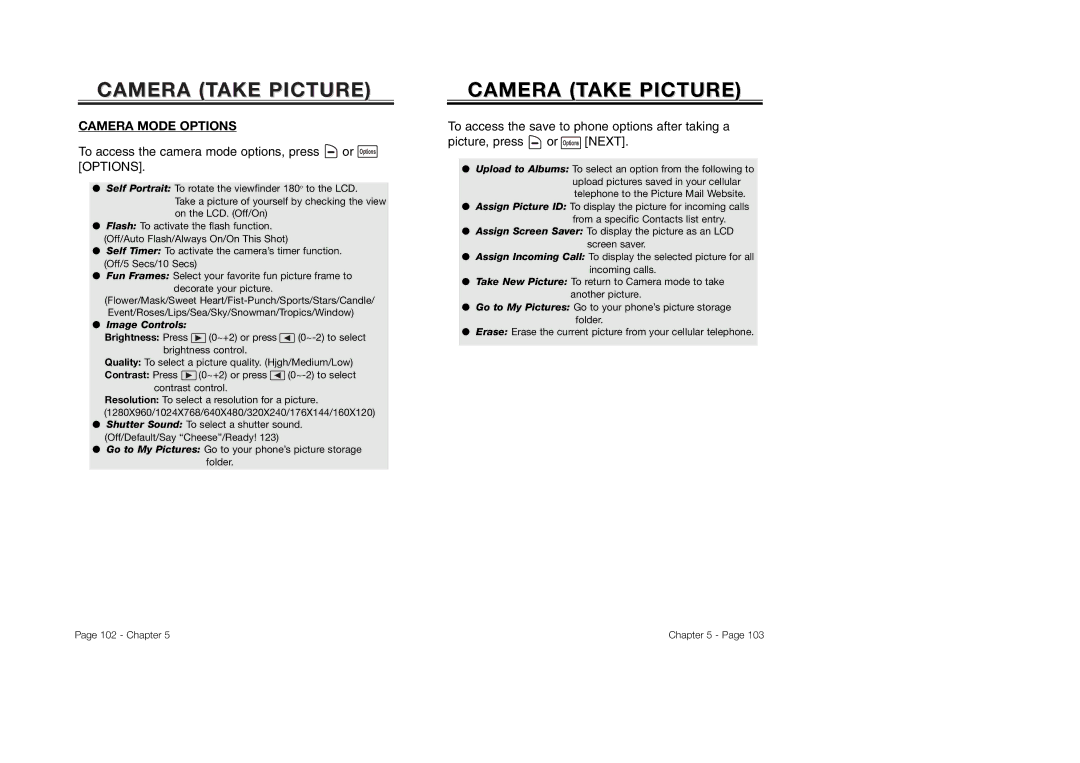 Audiovox CDM-8930 Camera Take Picture, Camera Mode Options, To access the camera mode options, press or Options Options 