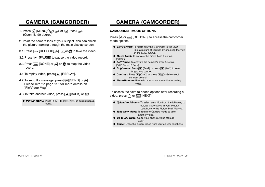 Audiovox CDM-8930 manual Camera Camcorder, Camcorder Mode Options 