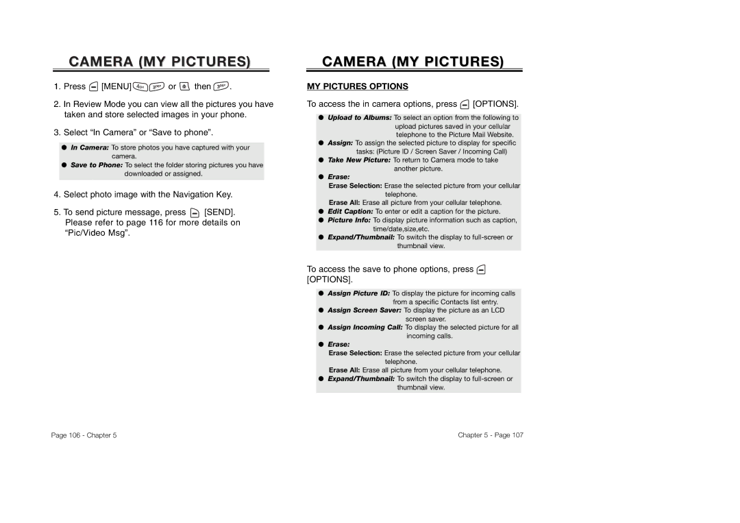 Audiovox CDM-8930 manual Camera MY Pictures, MY Pictures Options, To access the in camera options, press Options 