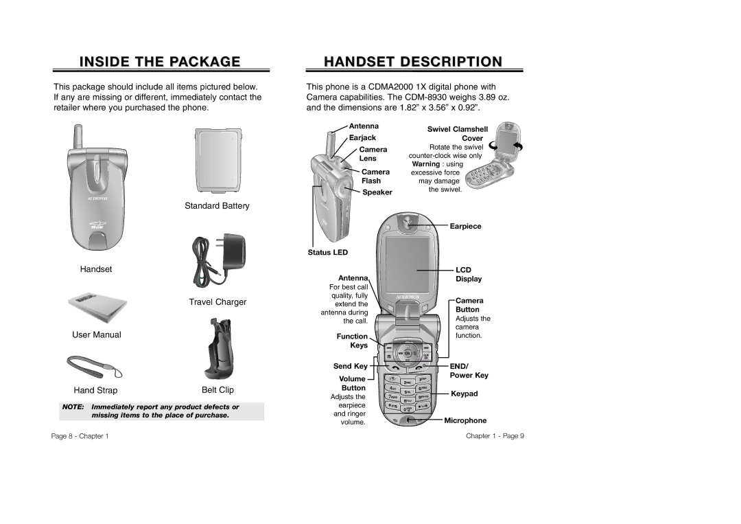 Audiovox CDM-8930 manual Inside the Package, Handset Travel Charger Hand Strap Belt Clip 