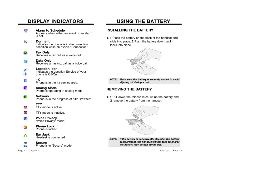 Audiovox CDM-8930 manual Display Indicators, Installing the Battery, Removing the Battery 