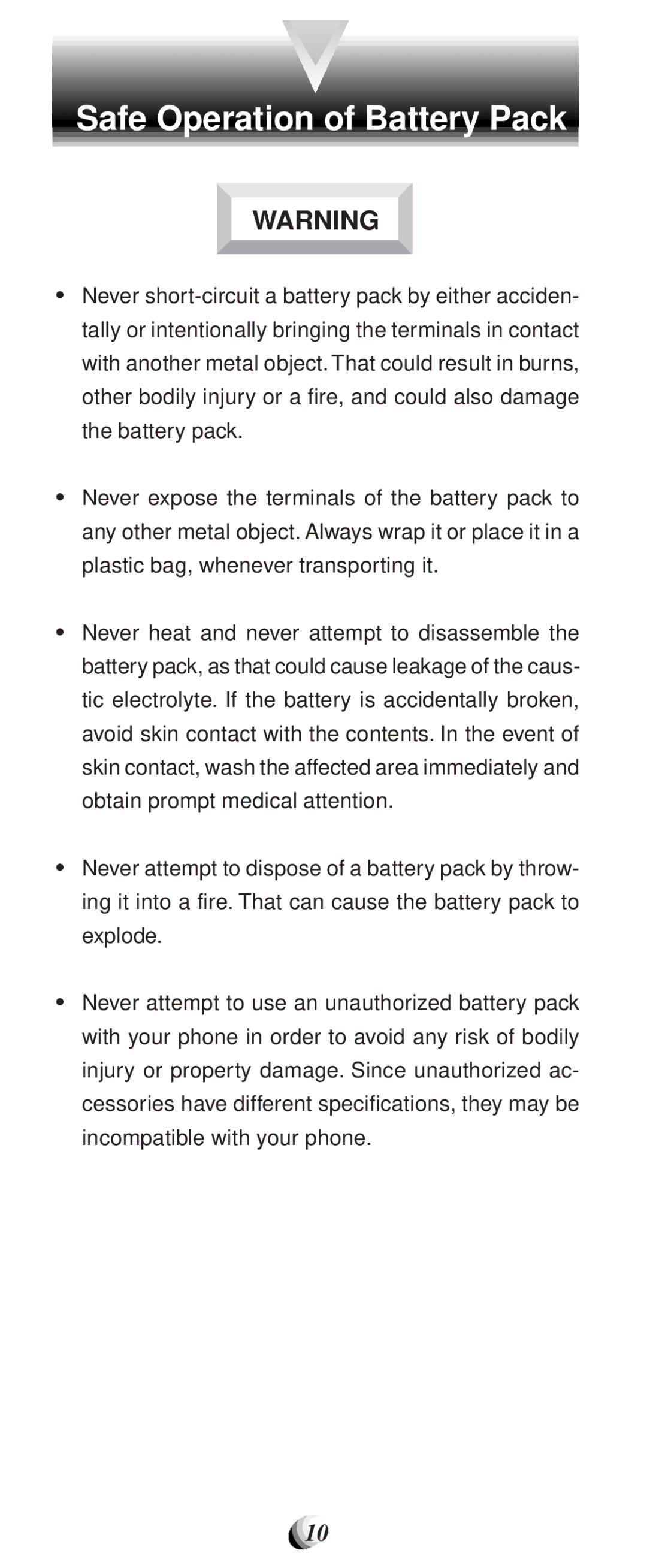 Audiovox CDM-9100 manual Safe Operation of Battery Pack 