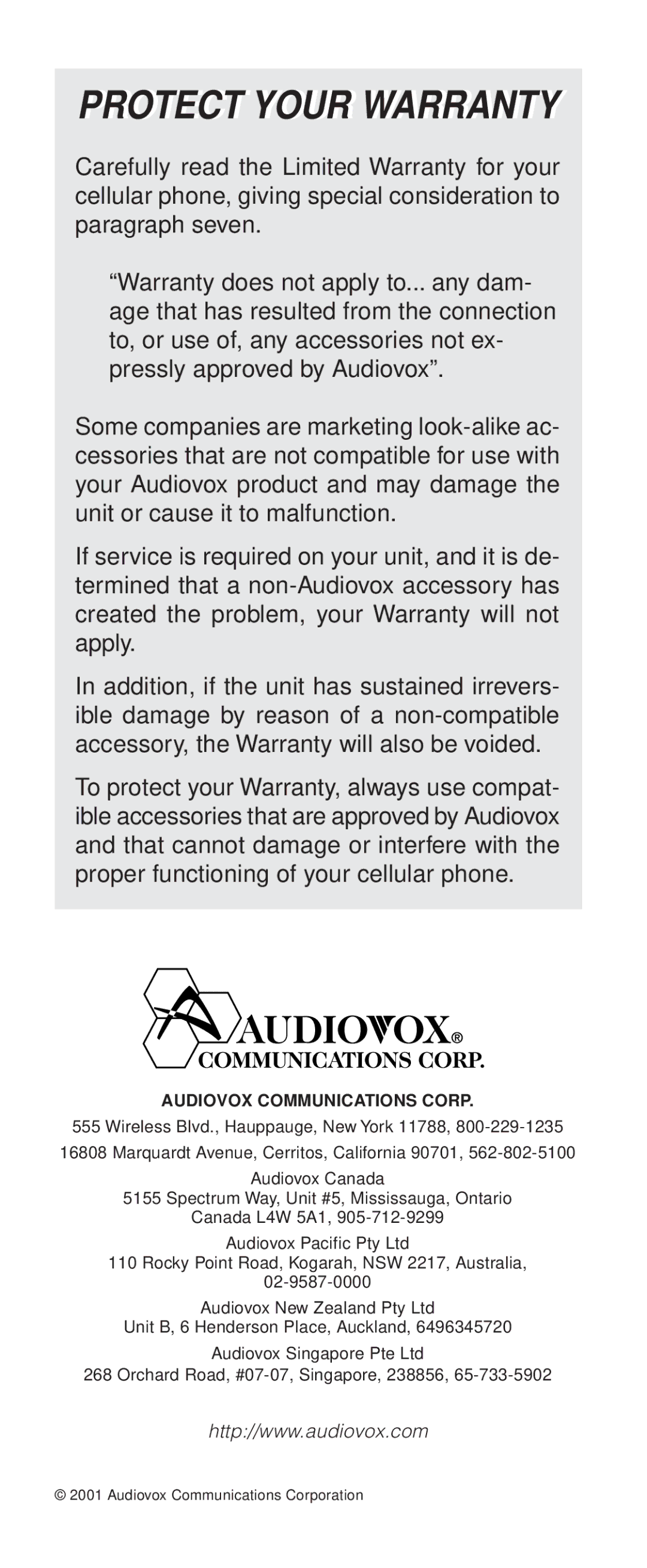 Audiovox CDM-9100 manual Protect Your Warranty, Audiovox Communications Corp 