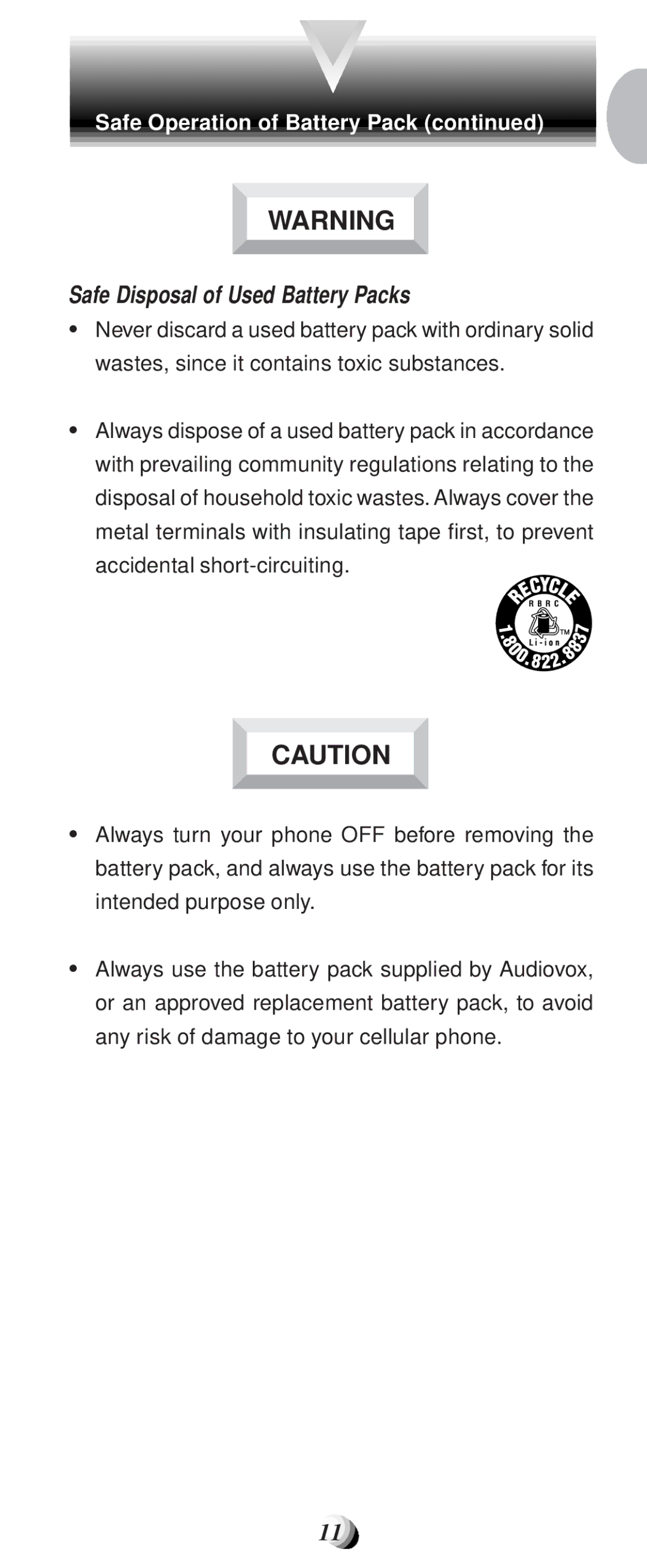 Audiovox CDM-9100 manual Safe Disposal of Used Battery Packs 