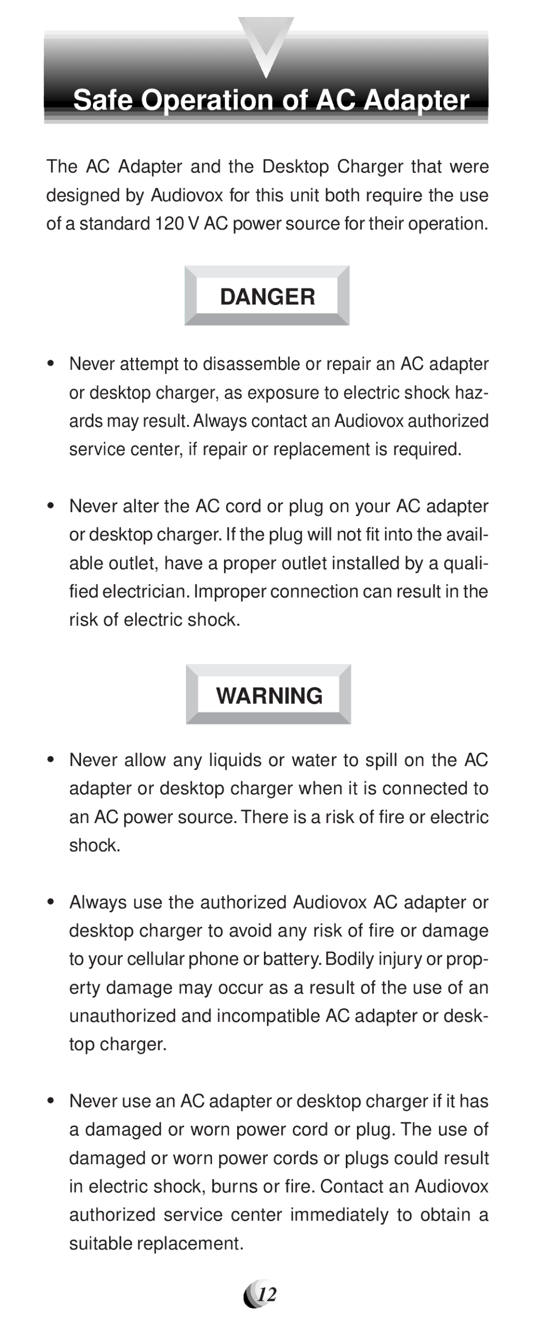 Audiovox CDM-9100 manual Safe Operation of AC Adapter 