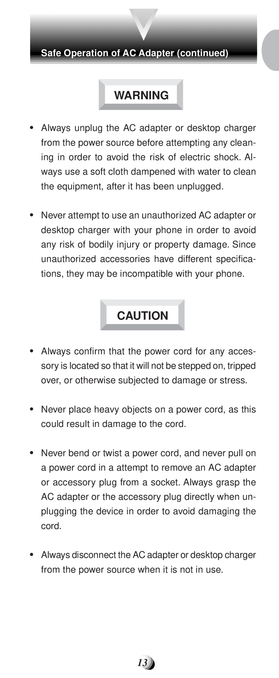 Audiovox CDM-9100 manual Safe Operation of AC Adapter 